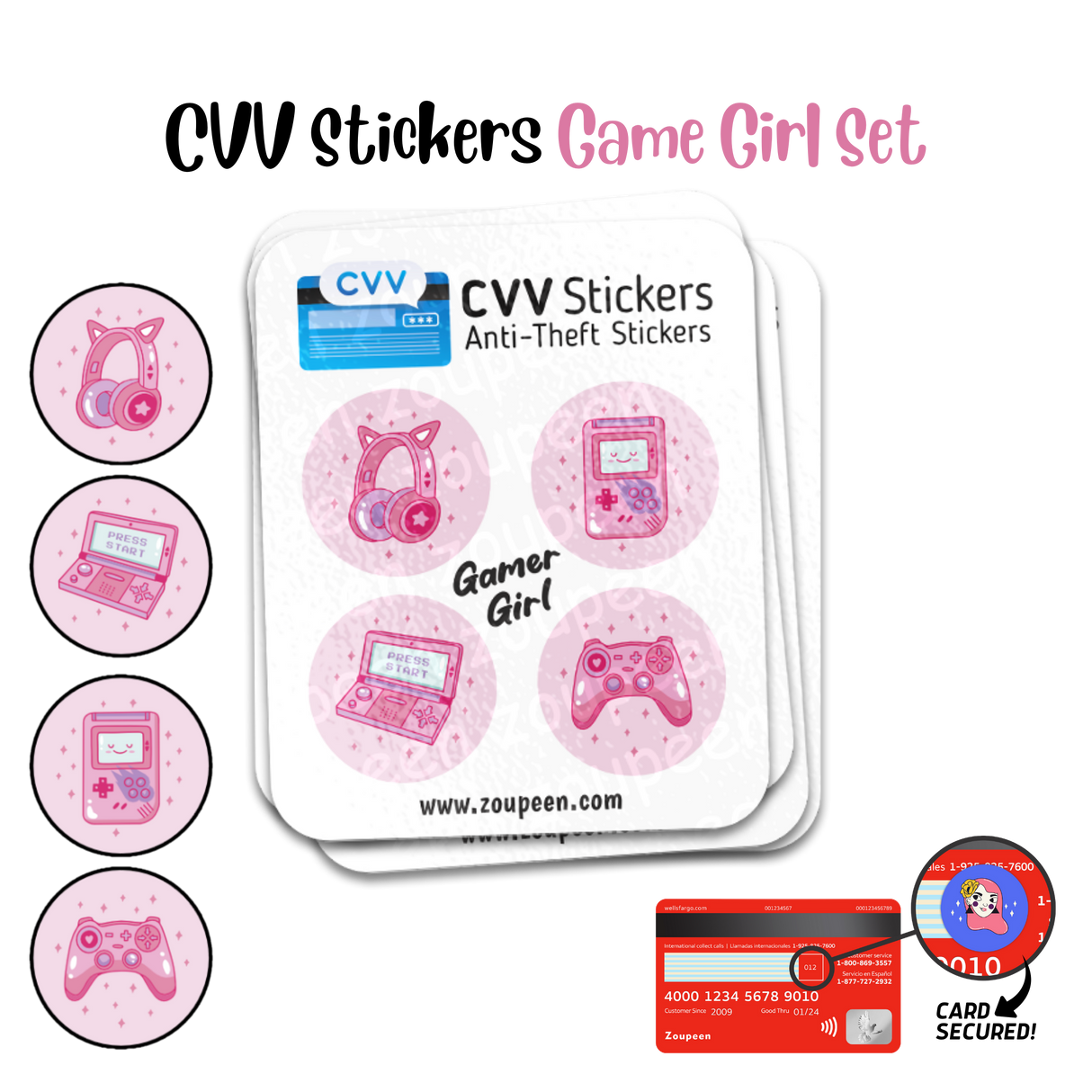 CVV Anti-Theft Stickers: Gamer Girl Set